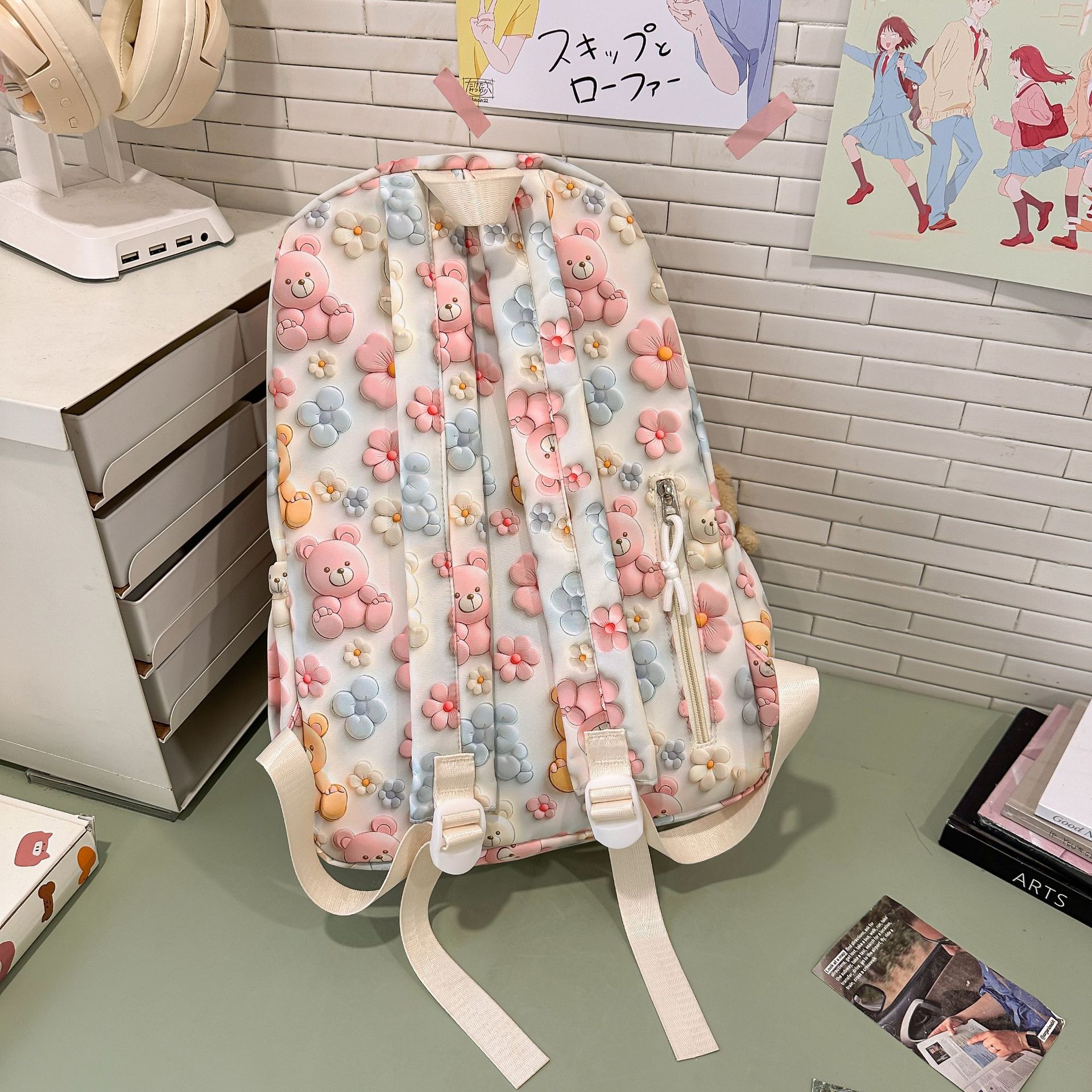 Korean style Instagram cute cartoon bear print backpack element ulzzang Japanese style versatile soft girl flower backpack Specification drawing