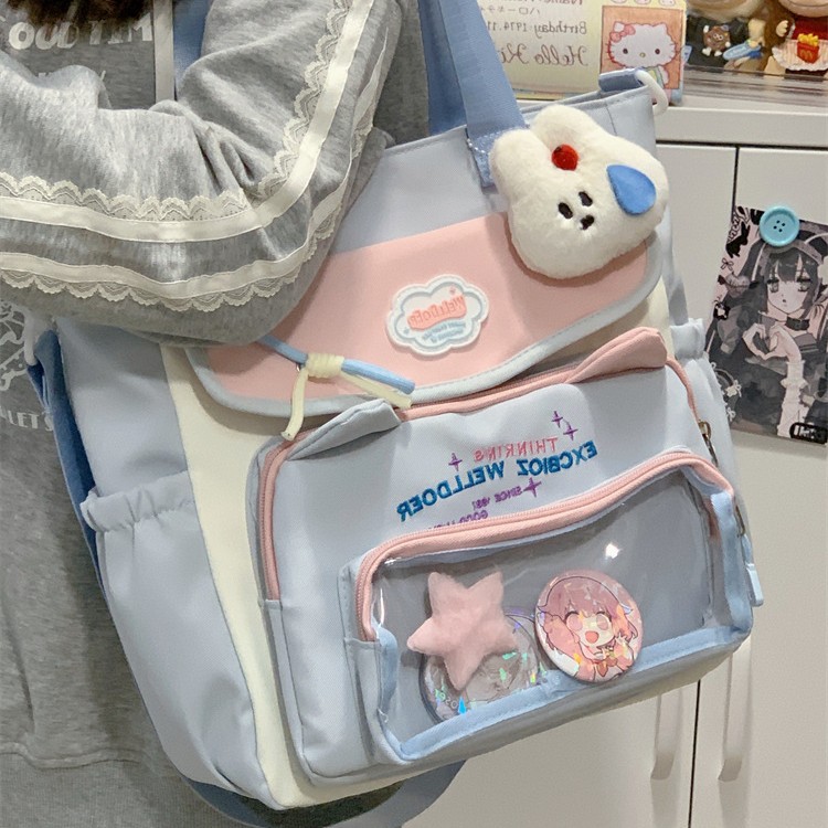 High appearance level, color-blocking, cute cat, fresh and cute girl Tote bag, school style, primary school student pain bag, make-up class bag full figure
