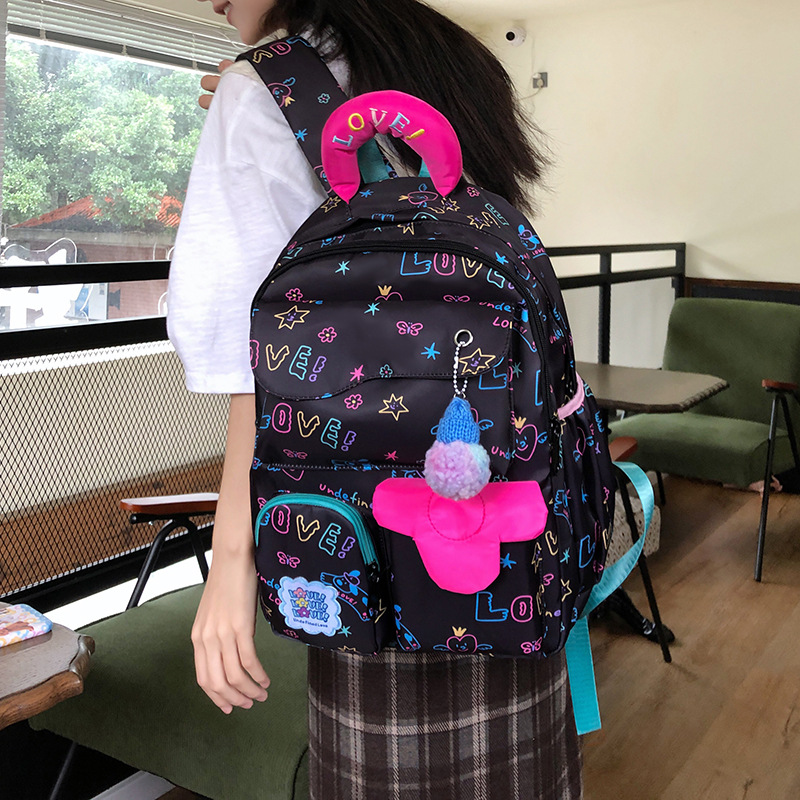 New letter graffiti backpack for cute girls, lightweight backpack for junior and senior high school students, dopamine school bag for primary school students to start school Specification drawing