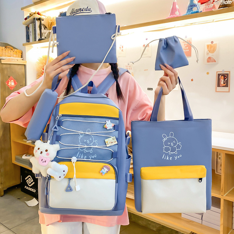 Two-color Korean-style fashionable backpack for women, lightweight and large-capacity student schoolbag set, casual travel backpack four-piece set full figure