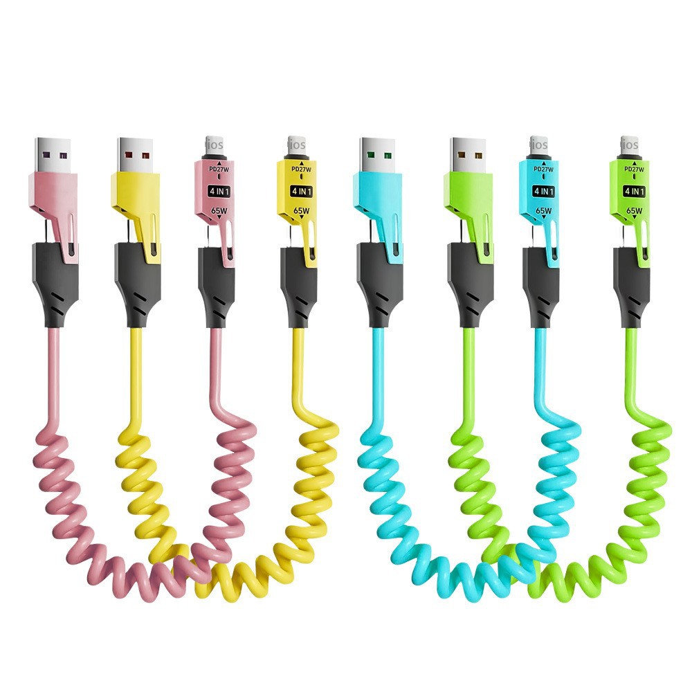 Cross-border bestseller 65W spring telescopic four-in-one, suitable for Apple iphone car Huawei data Cable type Item Picture