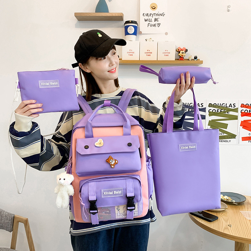 Korean version of ins school junior and senior high school schoolbag fashion four-piece set, primary school schoolbag, school junior and senior high school backpack Specification drawing