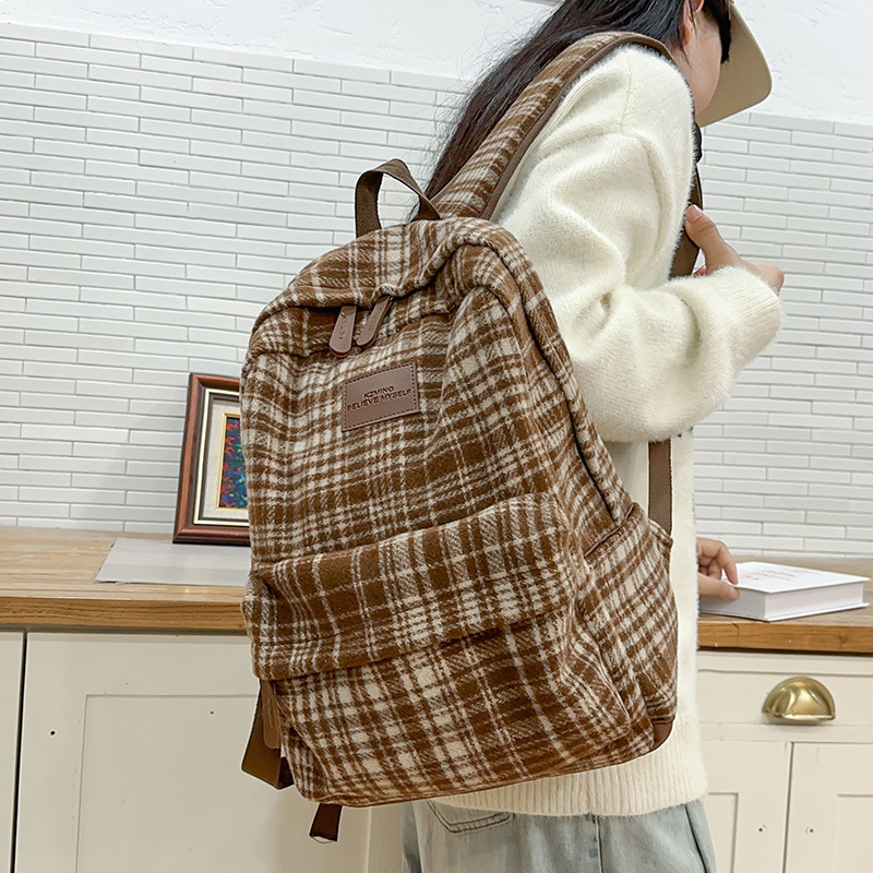 Korean version of ins school style woolen checkered schoolbag for girls, new spring 2025, high appearance level backpack for students details Picture