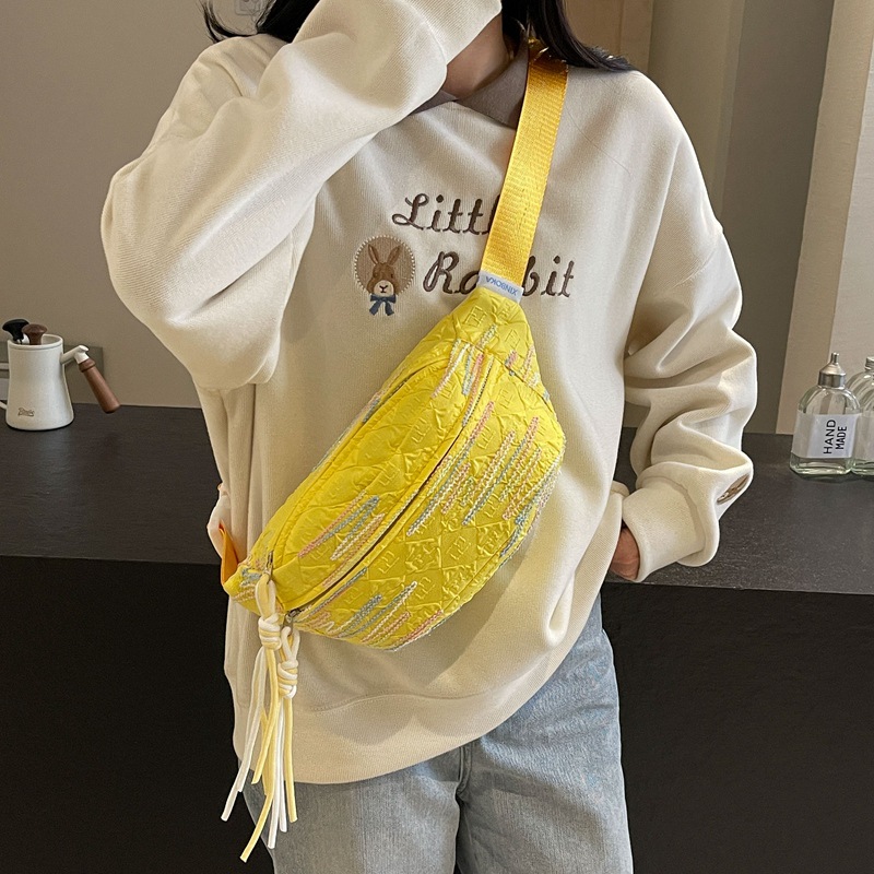 Summer canvas small bag for women, 2024 new trendy ins waist bag, solid color chest bag, casual and sporty crossbody dumpling bag full figure