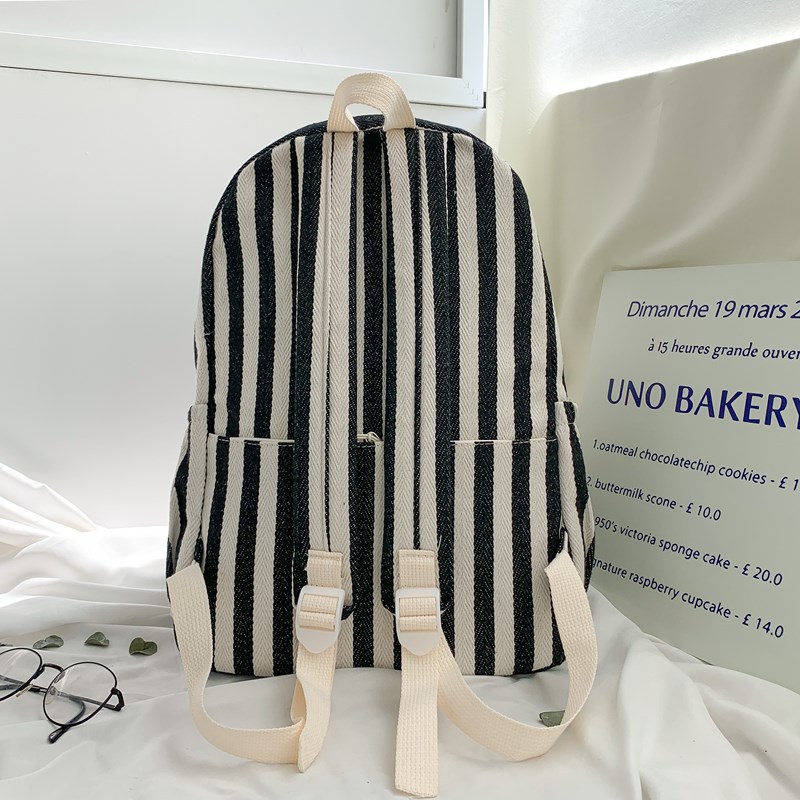 A new Korean-style striped backpack with a high aesthetic level and a college style. It is a casual, simple, lightweight and large-capacity backpack for junior and senior high school students Specification drawing