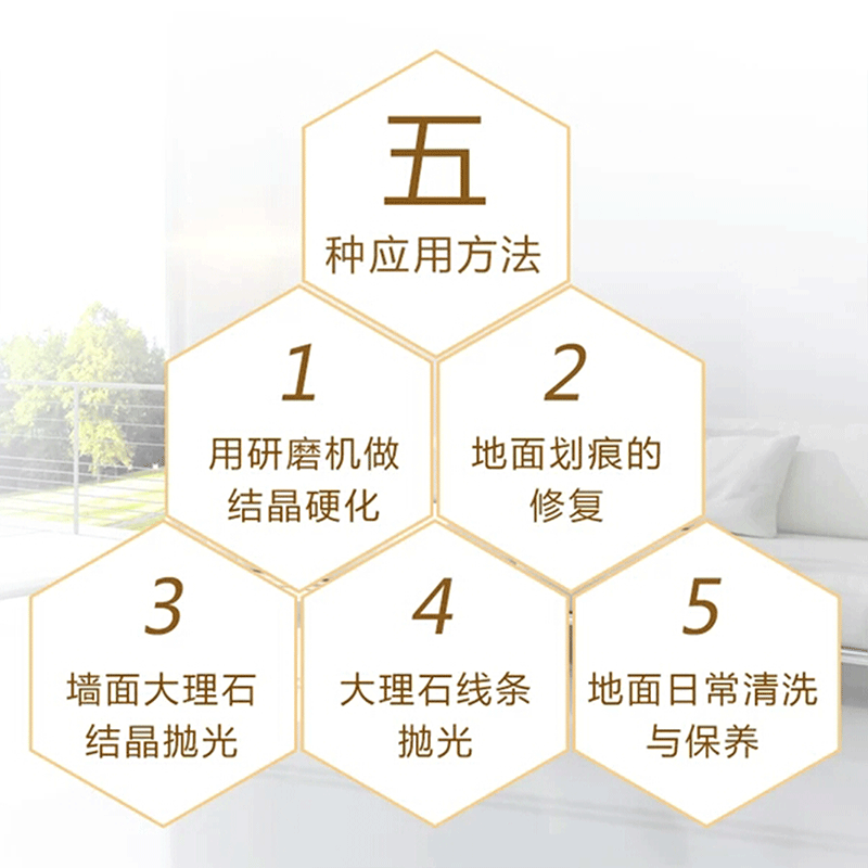 The manufacturer directly supplies 5 kilograms of VD marble gold powder. The crystalline powder can quickly achieve a mirror-like luster for stone renovation Application Scenario