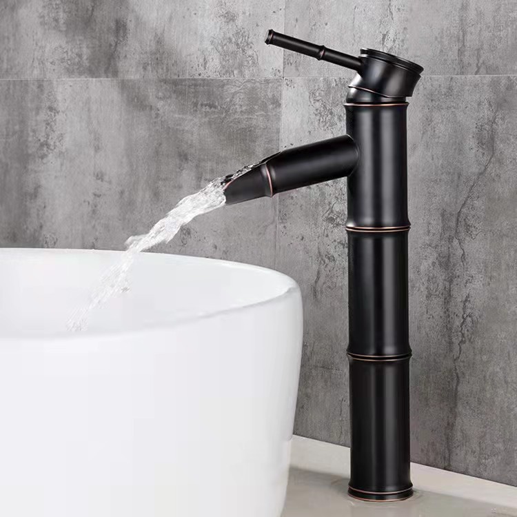 Black antique bamboo joint faucet, artistic basin, washbasin, cold and hot water faucet, all-copper countertop basin faucet details Picture