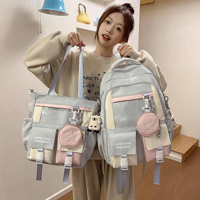 A new high-appearance-level, college-style ins tutorial bag with color-blocking and multi-layered two-piece backpacks for junior and senior high school students full figure