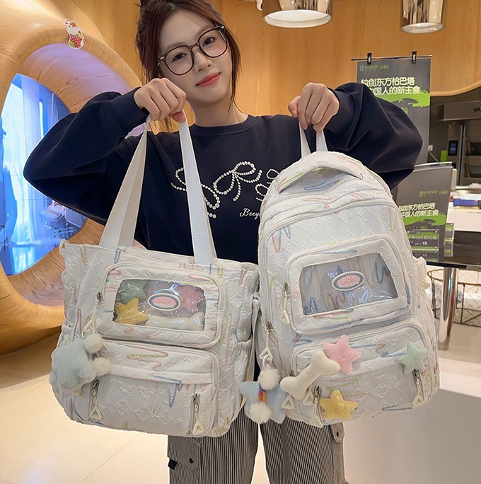 Junior high school student backpack: Korean Instagram cream white forest-themed versatile high appearance level girl backpack. High school student backpack full figure