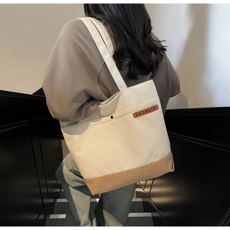 Spring new single-shoulder bag for women, large-capacity simple tote bag for work and commuting, color-blocking versatile handbag details Picture