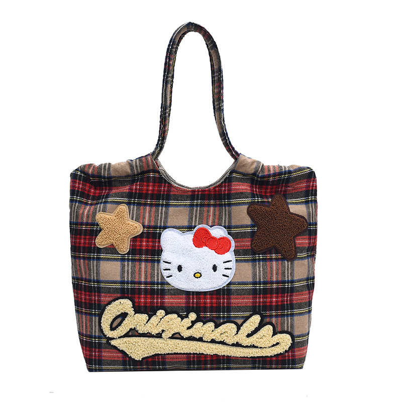 Cute checkered single-shoulder bag for girls, 2024 new Korean style college style large-capacity canvas bag, student class tote bag Item Picture