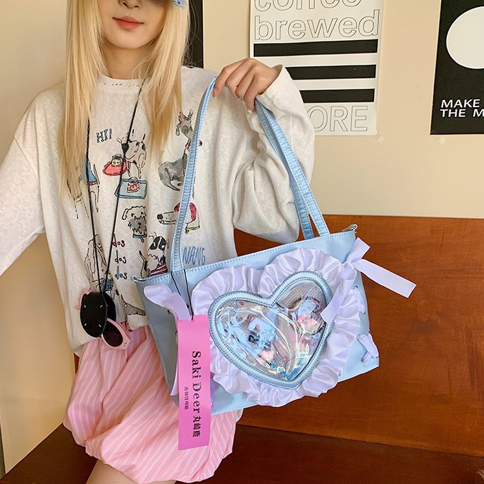 New Japanese-style Instagram sweet and cool girls' 2D transparent pain bag, single-shoulder bag, heart lace ballet-style underarm bag full figure