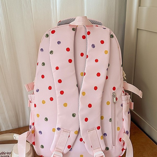A new high-appeal Japanese-style, fresh and sweet polka dot backpack with contrasting colors for junior and senior high school students. It is a lightweight and large-capacity backpack Specification drawing
