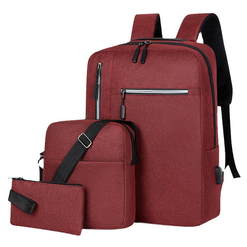 Wholesale of three-piece business men's backpacks, simple solid-color outdoor casual backpacks for junior and senior high school students Item Picture
