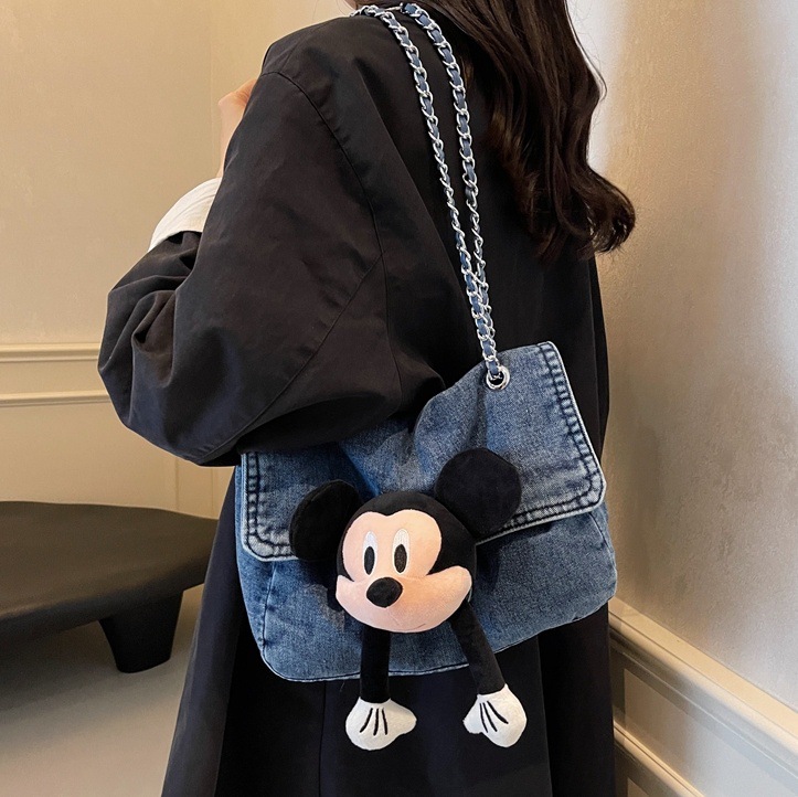 Cartoon large-capacity bag for women, 2024 new versatile chain commuter single-shoulder bag, denim fashionable tote bag full figure