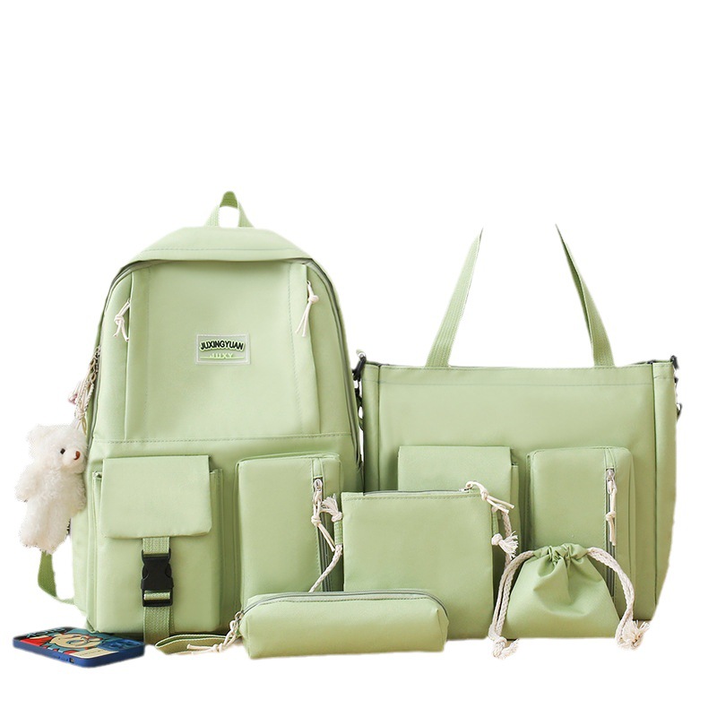 Five-piece schoolbag set for girls, Korean style, simple high school and junior high school campus backpack, outdoor high appearance level, dirt-resistant casual backpack Item Picture