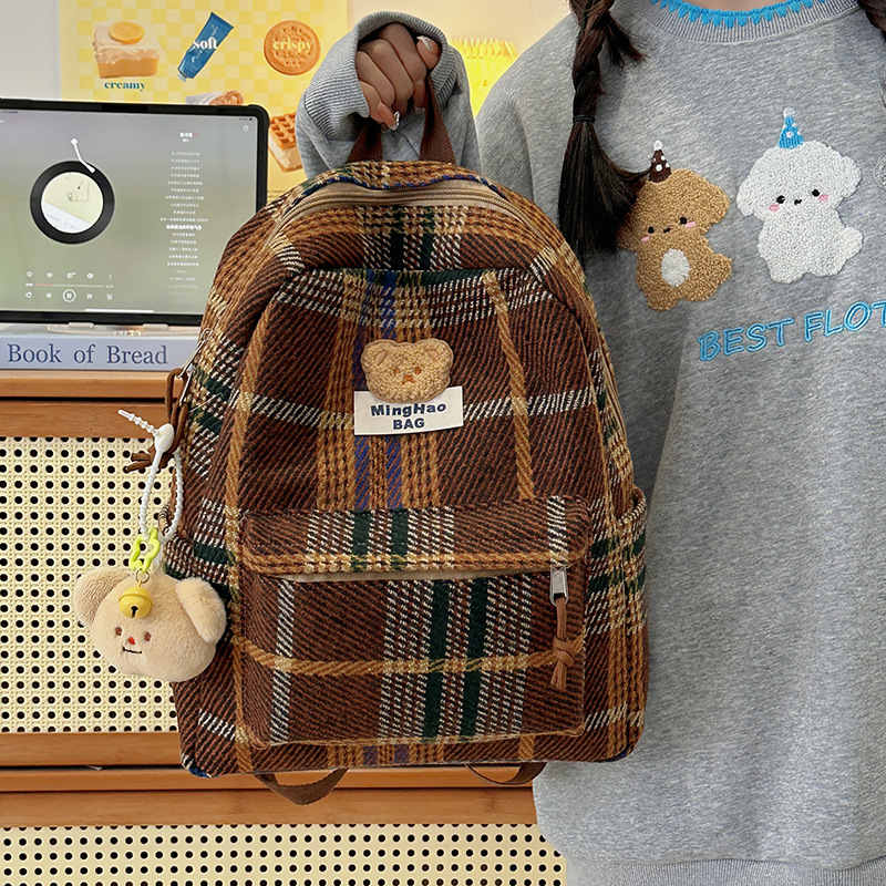 Korean Instagram school-style versatile checkered schoolbag for girls 2024 winter new high appearance level backpack for students full figure