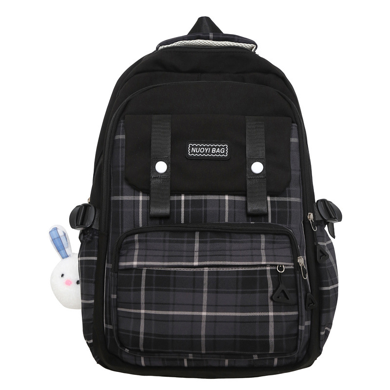 College-style female checkered backpack, large-capacity color-blocking schoolbag for junior and senior high school students, versatile two-piece backpack set for primary school students Item Picture
