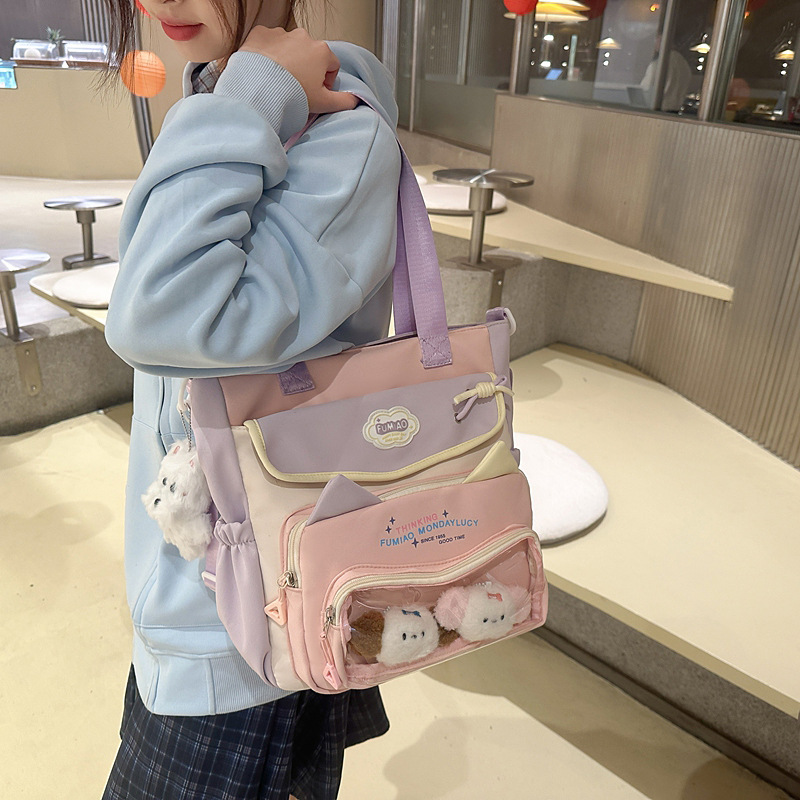 Cute cat, fresh and cute girl tote bag, color-blocking student, large-capacity single-shoulder crossbody bag, transparent pain bag, baby bag details Picture