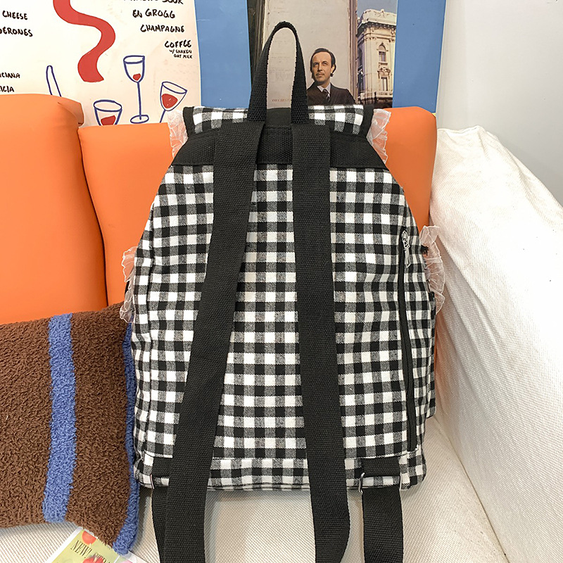 Korean-style niche black and white lace backpack, Japanese-style drawstring bucket bag, large-capacity casual travel backpack for girls Specification drawing