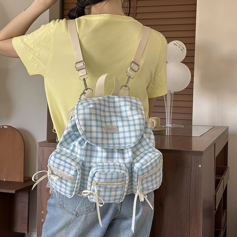 Japanese InS-style soft and cute girl bow backpack, sweet and artistic student checkered backpack full figure