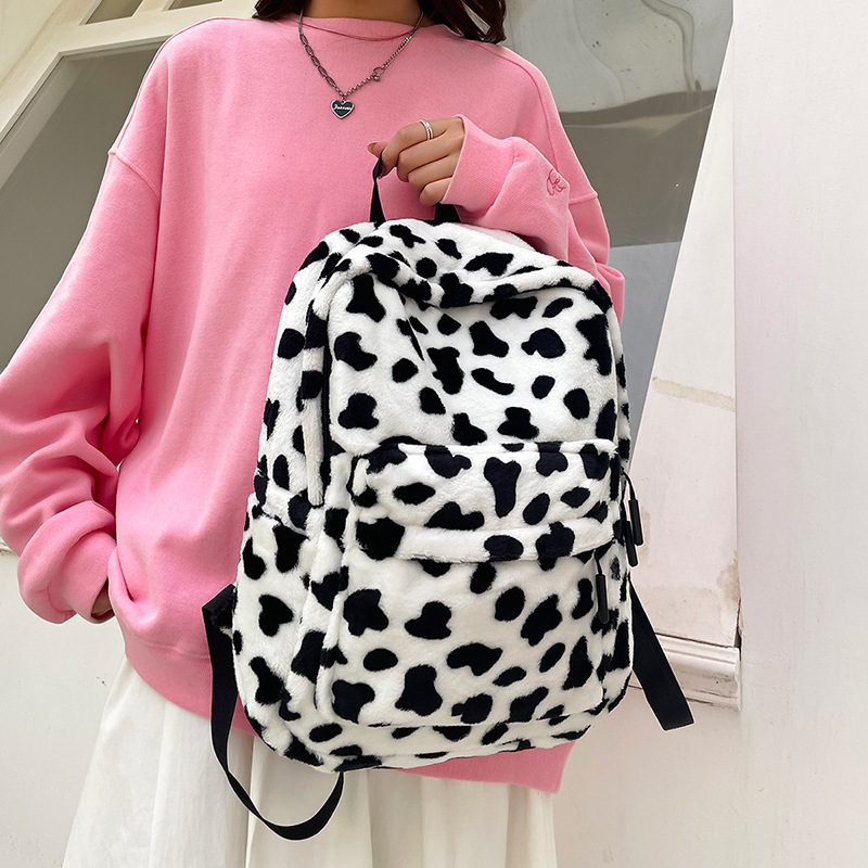 Plush cow, hot girl, high appearance level, large capacity schoolbag for girls in autumn and winter, fluffy girl backpack, cute and casual backpack Specification drawing