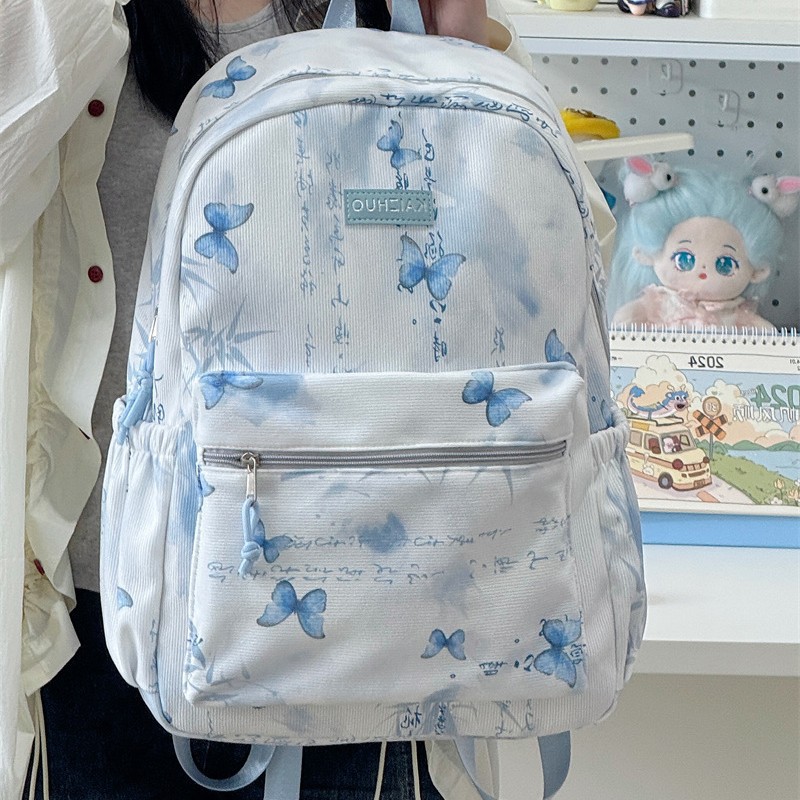 A new high-appearance-level Chinese-style backpack with fresh and sweet butterfly prints, a casual and lightweight backpack for junior and senior high school students details Picture