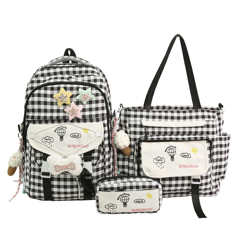 A new high-appeal, fresh and sweet checkered tutorial bag for junior and senior high school students, a simple, lightweight and large-capacity three-piece backpack Item Picture
