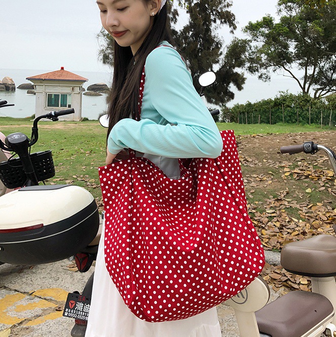 Retro and sweet polka dot fabric bag, cute and girlish lazy style tote bag, lightweight and casual fabric bag for class and going out details Picture