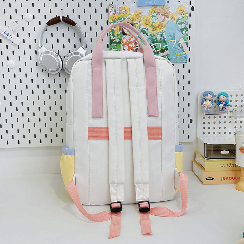 A new Japanese-style ins backpack with a high level of appearance, fresh and sweet, featuring color-blocking and large-capacity backpacks for junior and senior high school students Specification drawing