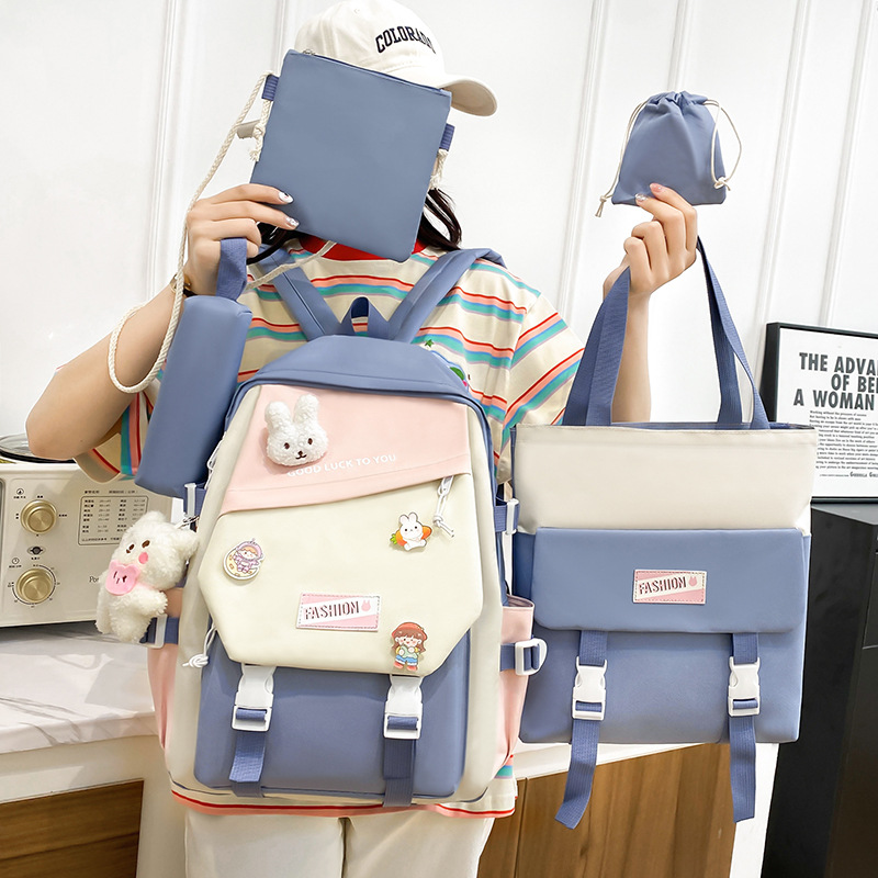 A fresh and fashionable color-blocking schoolbag for girls, a backpack for primary and junior high school students, a five-piece campus set of canvas casual backpack Specification drawing
