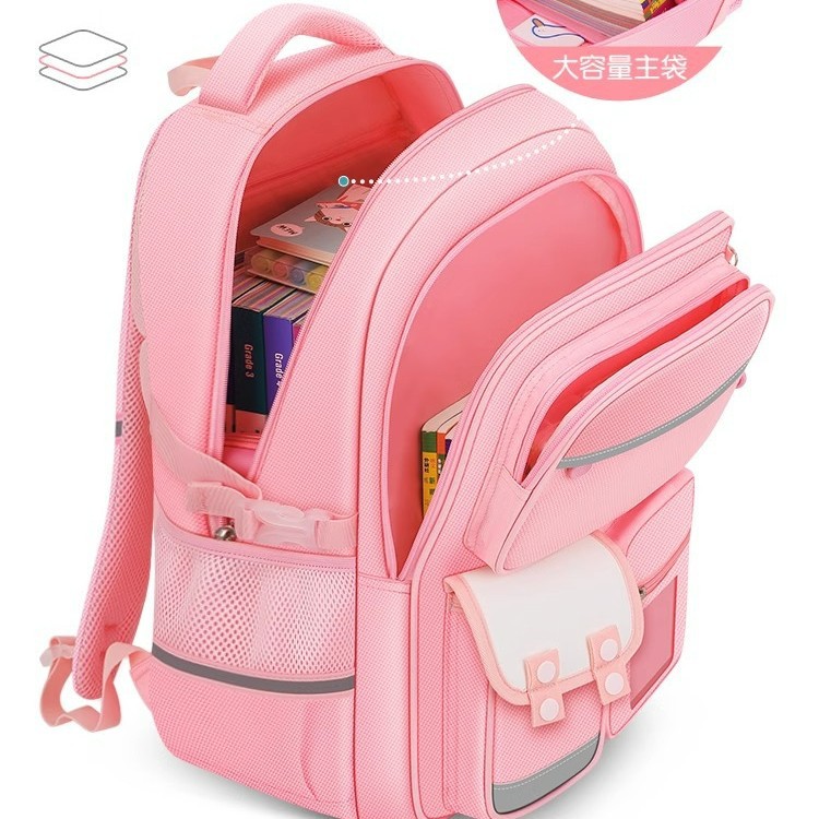 Customized pink waterproof and load-reducing backpack bags for boys, girls and boys in grades one, two, three to six for primary school students Specification drawing