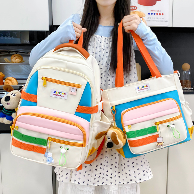 Japanese-style cute color-blocking backpacks for girls, large-capacity forest-themed schoolbags for primary and secondary school students, versatile and sweet after-school bags details Picture