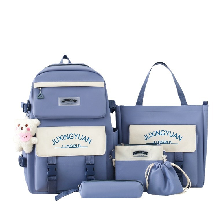 A large-capacity five-piece set of student schoolbag for girls, simple and versatile, trendy and casual backpack, a backpack that reduces burden and protects the spine for girls Item Picture