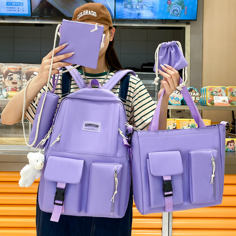 Five-piece schoolbag set for girls, Korean style, simple high school and junior high school campus backpack, outdoor high appearance level, dirt-resistant casual backpack details Picture