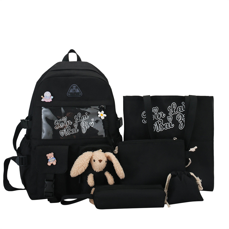 New cross-border five-piece set of student schoolbag, cute cartoon rabbit for girls, girlish backpack, casual tutorial backpack Item Picture