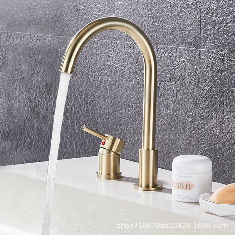 All-copper double-hole split button constant-temperature faucet, brushed gold, raised rotating countertop, kitchen basin faucet details Picture