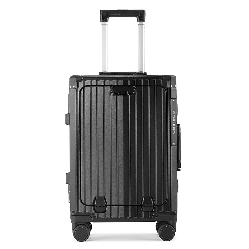 PC aluminum frame trolley case, multi-functional front-opening suitcase, swivel wheel suitcase, folding cup holder, 20-inch registration case Item Picture