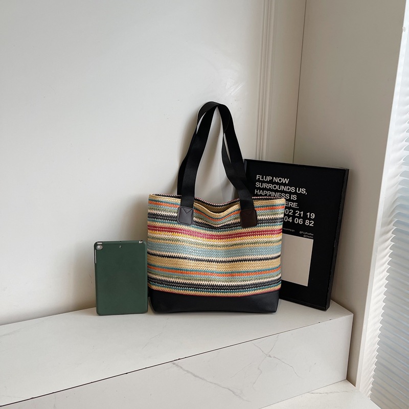 Rainbow woven bag, women's large-capacity straw woven bag, summer seaside leisure vacation commuting single-shoulder tote bag, beach bag Specification drawing