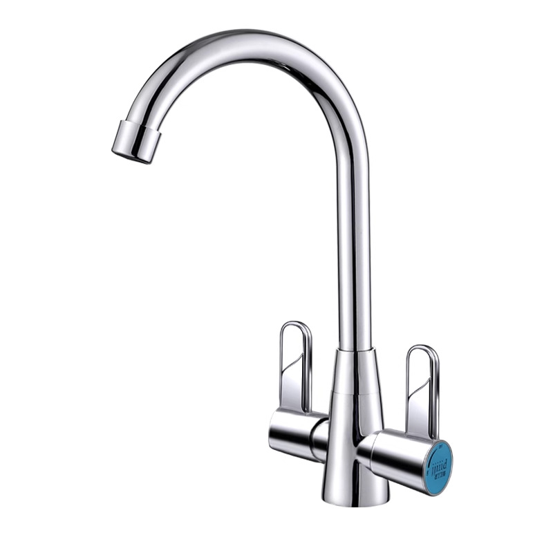 Cold and hot double-handle double-switch single-hole kitchen faucet, brass double-opening sink, single-hole faucet, double-control rotation Item Picture