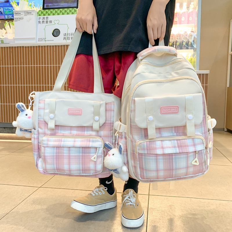 College-style female checkered backpack, large-capacity color-blocking schoolbag for junior and senior high school students, versatile two-piece backpack set for primary school students full figure