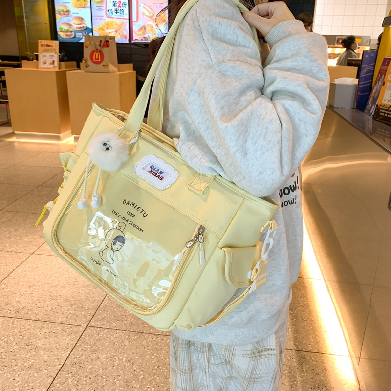 Cute transparent crossbody bag, female student hand-held pain bag, large-capacity cartoon single-shoulder tote bag, class tutorial bag details Picture