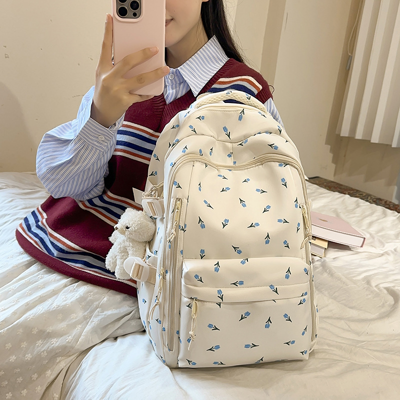 Japanese-style inS-style forest-themed, fresh and delicate floral backpack, college-style girl's schoolbag, college student travel backpack for girls details Picture
