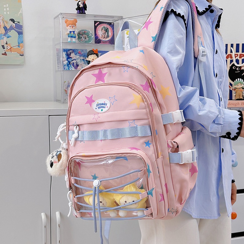 The new cute star-shaped backpack for summer 2025, with an ins style and high appearance standards, is a sweet and transparent bag for junior and senior high school girls full figure