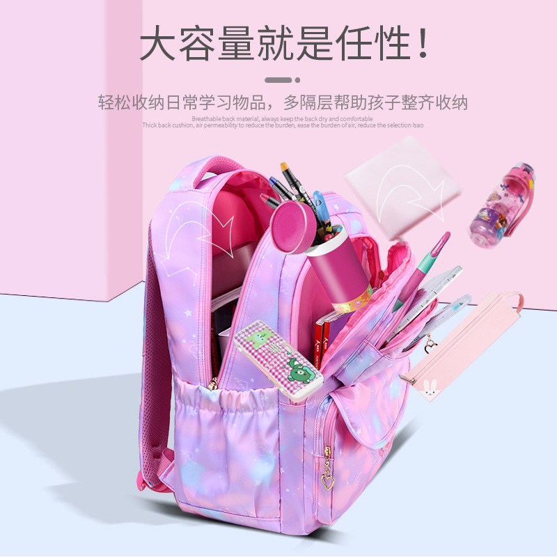 The new 2023 gradient multi-color children's schoolbag with large capacity, reducing burden and protecting the spine, is a backpack for primary school students from grades 1 to 6 Specification drawing