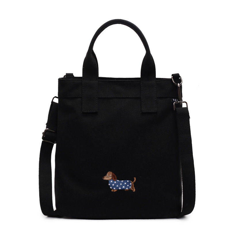 2025 New Japanese-style artistic embroidery Dachshund canvas crossbody handbag, daily student lunch box bag Item Picture
