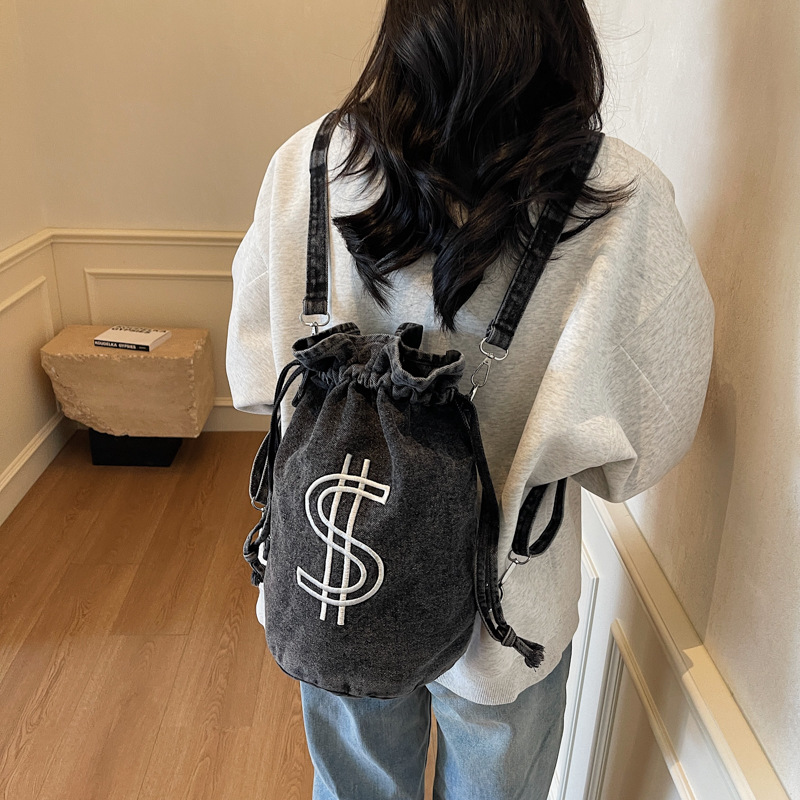 Cool denim backpack for women 2025 New style, fashionable and multi-functional bucket bag, spring and summer versatile drawstring crossbody bag details Picture