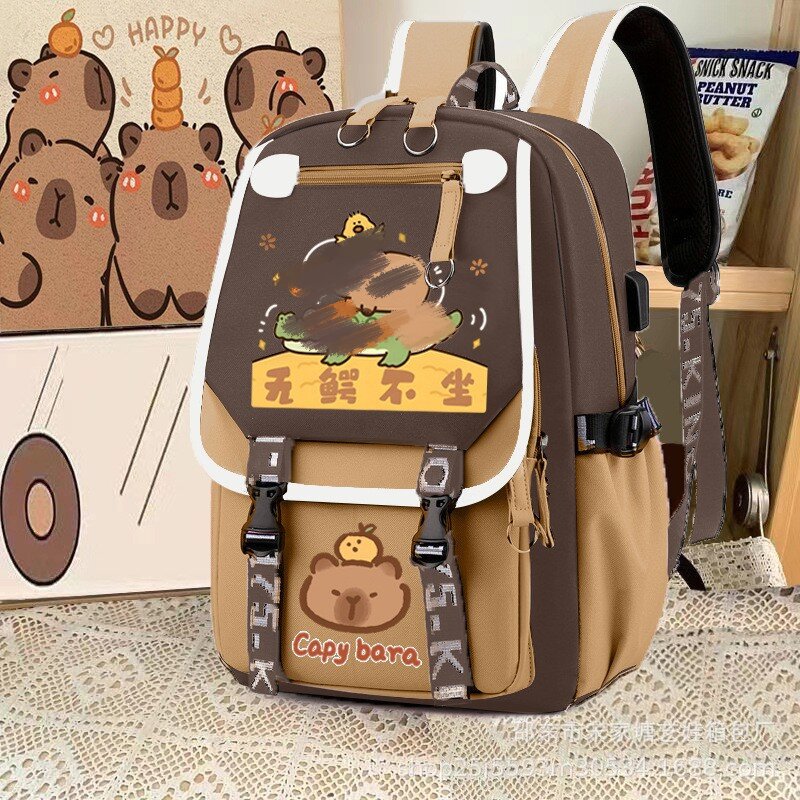 Customized wholesale of new brown primary school backpack, cute cartoon water-resistant Capibara double-shoulder school backpack Specification drawing