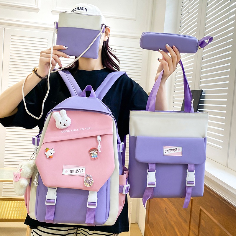 A fresh and fashionable color-blocking schoolbag for girls, a backpack for primary and junior high school students, a five-piece campus set of canvas casual backpack details Picture