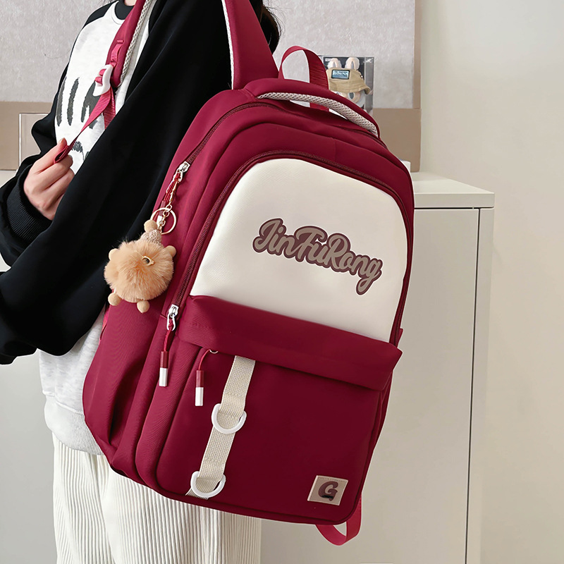 American-style simple color-blocking schoolbag, Korean version for girls, large-capacity backpack for high school students, versatile travel backpack for junior high school students full figure